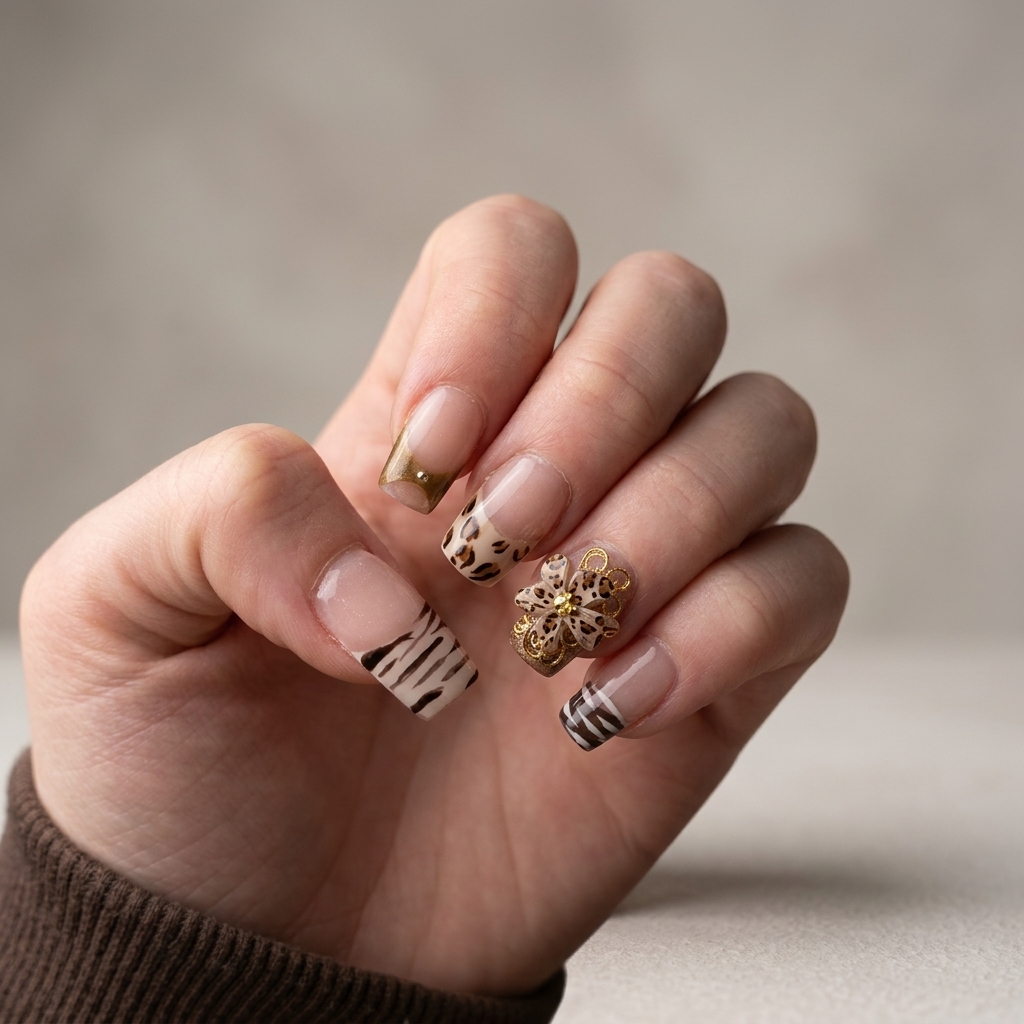 Cheetah and zebra print safari accent nails