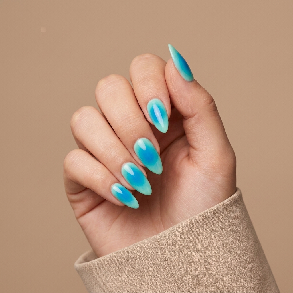 Stunning Blue-to-Teal blended Aura Nail Art by Emma