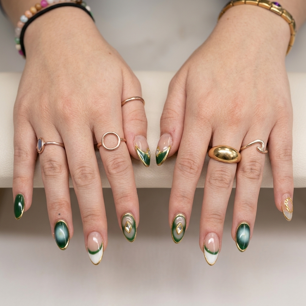 Forest green aura nails with gold frames