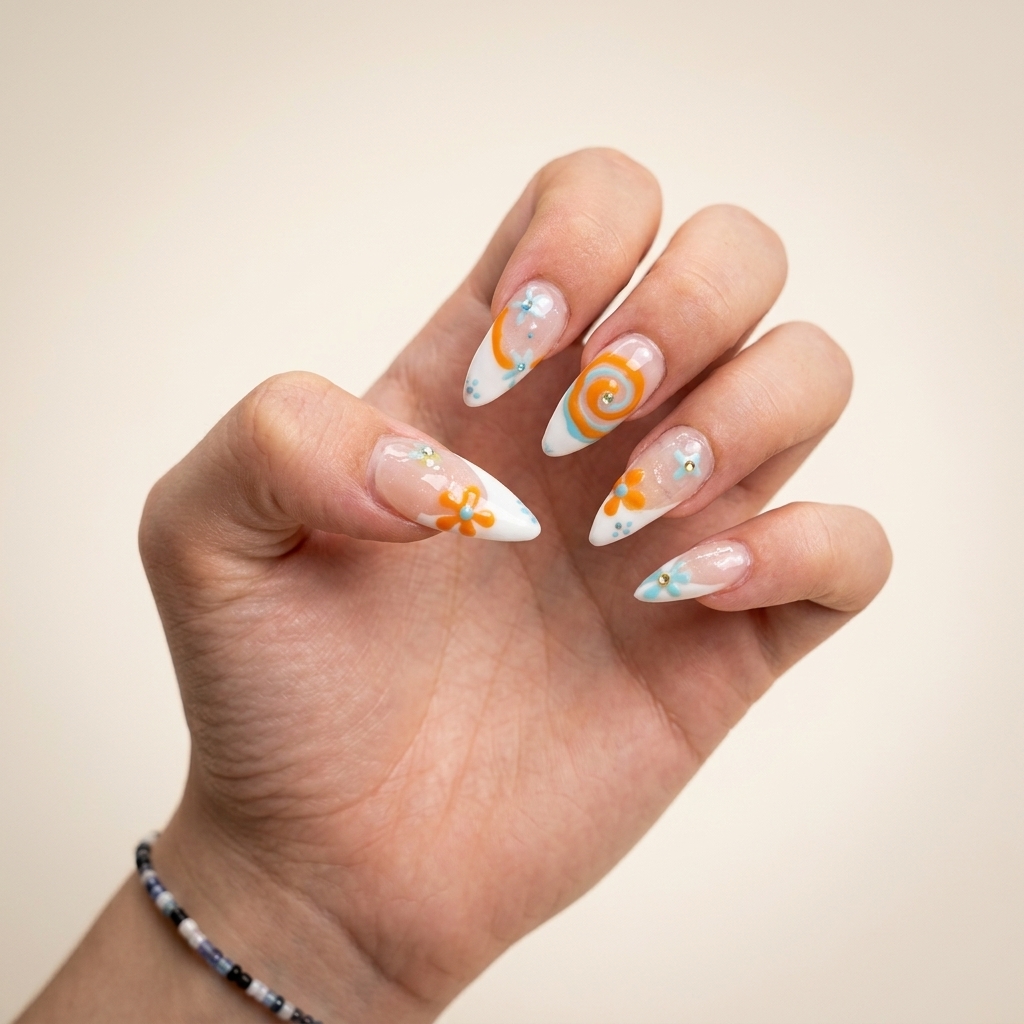 Hand-painted retro flower and swirl nail art