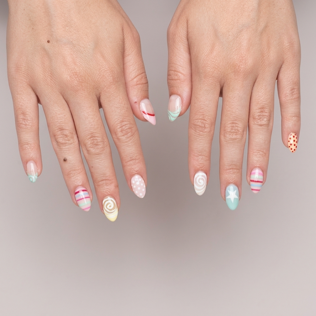 Pastel sweet candy nails with dots and stripes