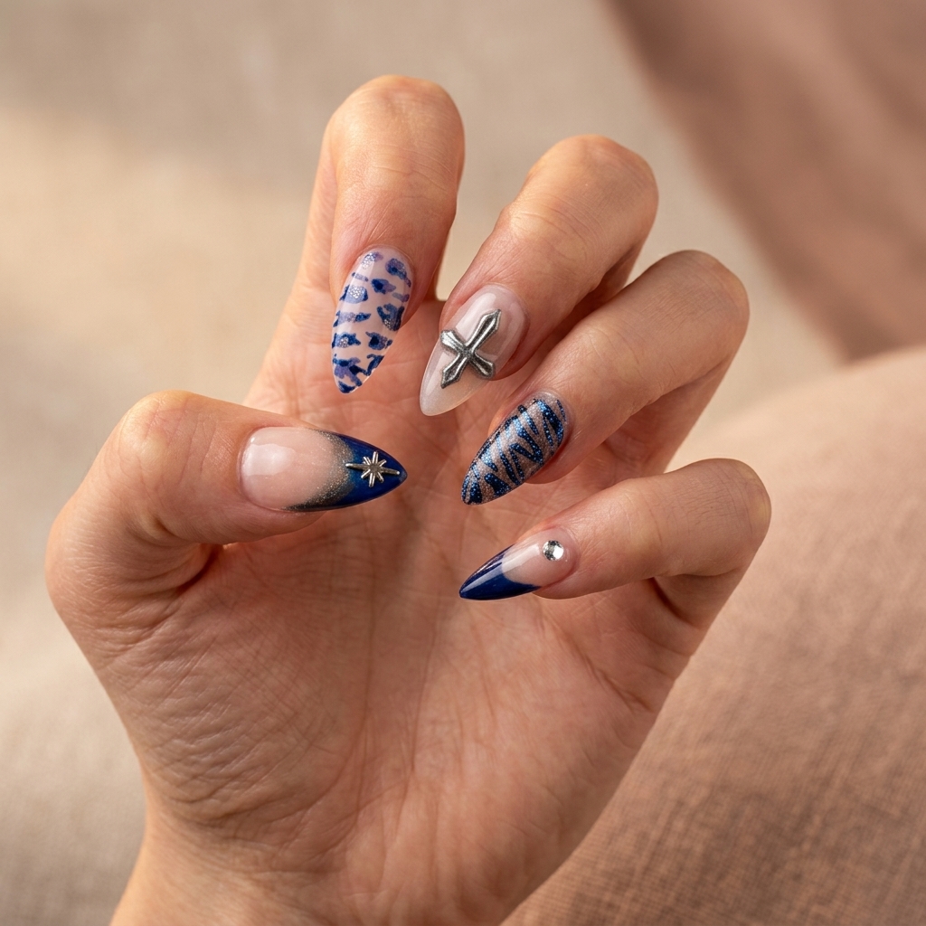 Deep glittery blue french tip stiletto nails with stars