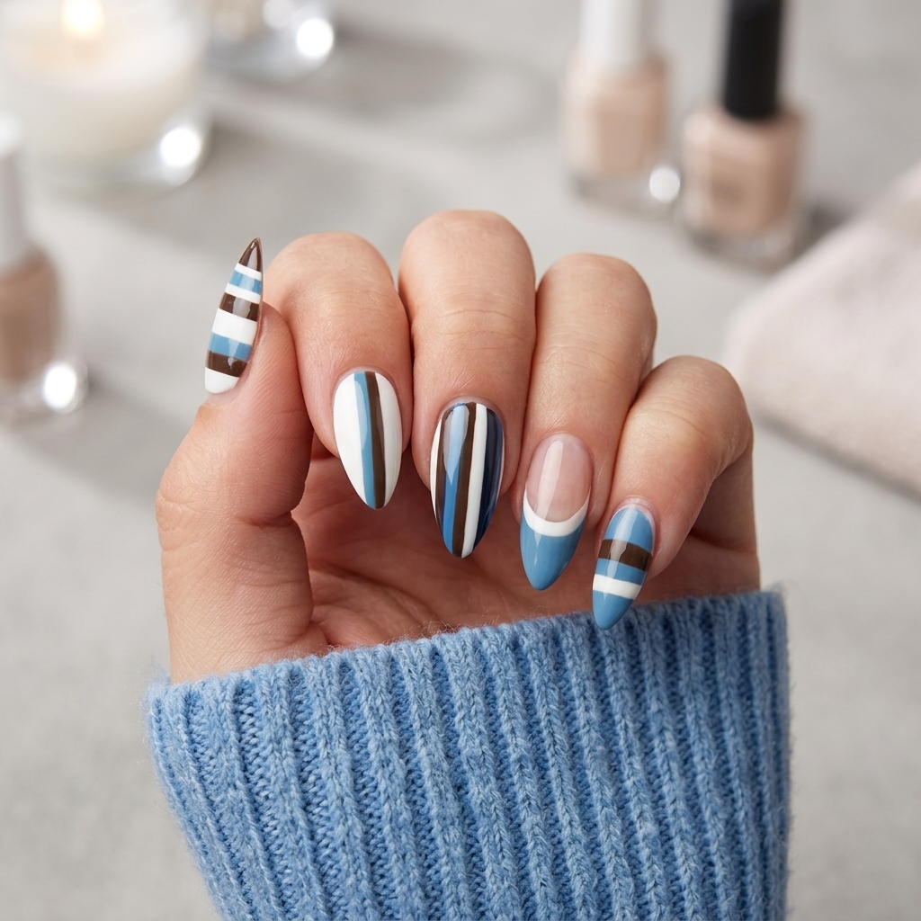 Elegant navy and chocolate vertical striped nails